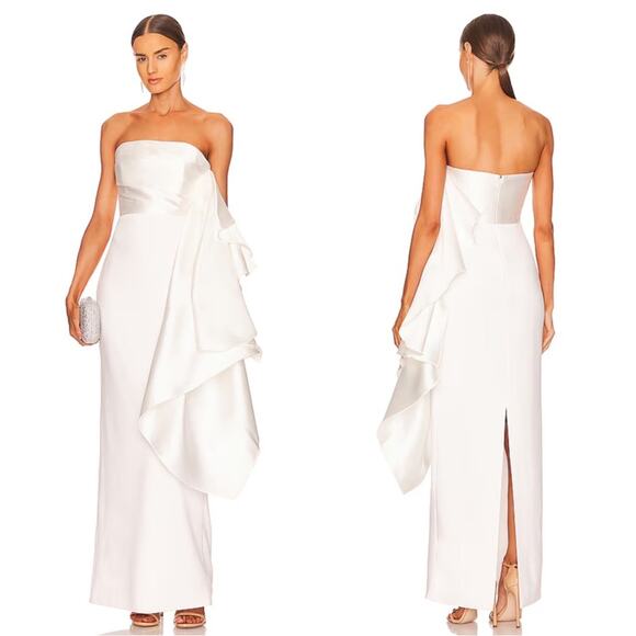 Solace London Milena Strapless Ruched Draped Ruffle White Maxi Dress Size 6 - Picture 1 of 13
